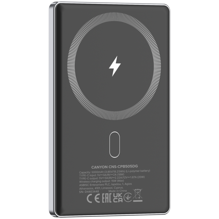 CANYON power bank OnPower 505 slim Magnetic 5000 mAh PD20W Dark Grey [4]