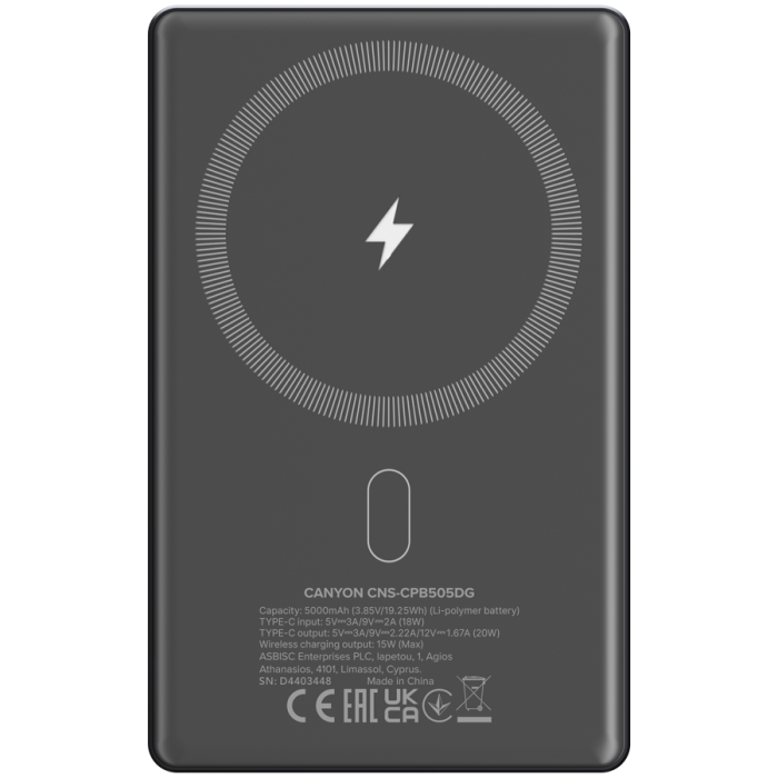 CANYON power bank OnPower 505 slim Magnetic 5000 mAh PD20W Dark Grey [3]