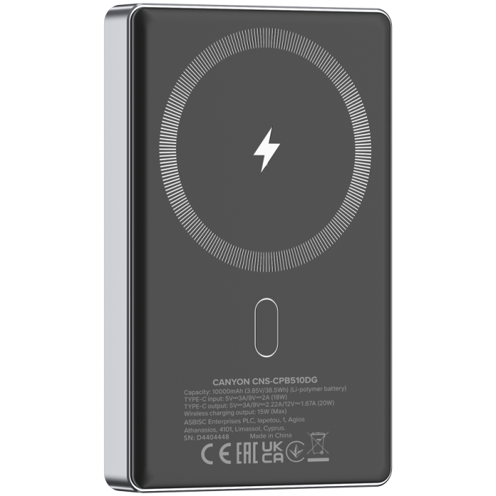 CANYON power bank OnPower 510 slim Magnetic 10000 mAh PD20W Dark Grey [4]