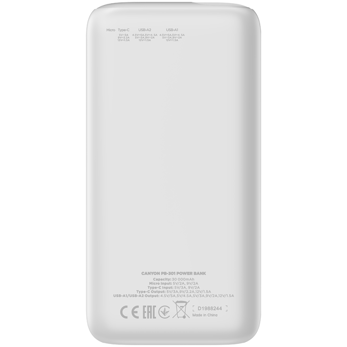 CANYON power bank PB-301 LED 30000 mAh PD 20W QC 3.0 White [3]