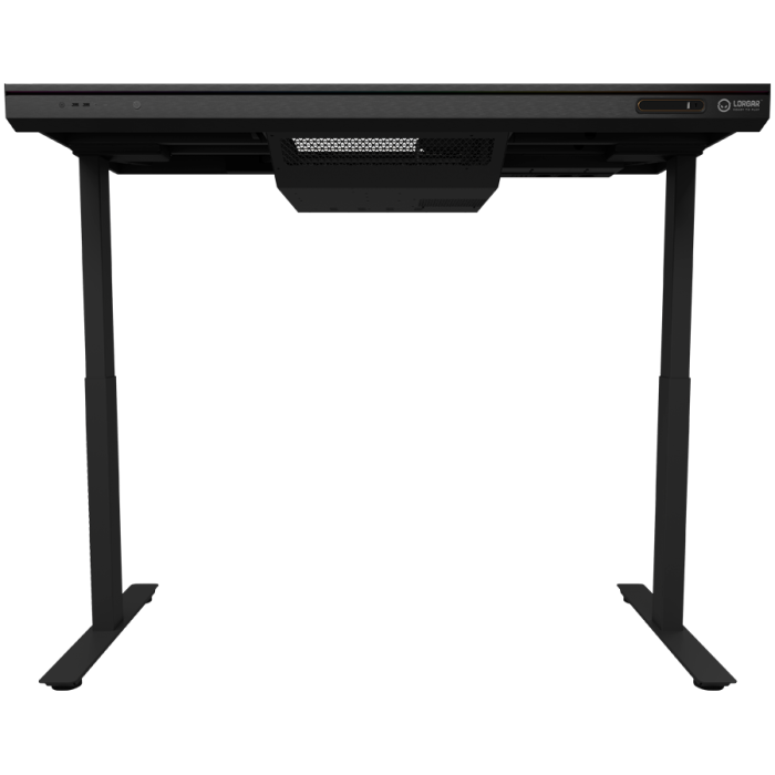 Dual-motor sit/stand adjustable-height gaming desk with built-in PC case, wireless charger, RGB lighting, control panel, and USB ports, tempered glass tabletop, black. [4]
