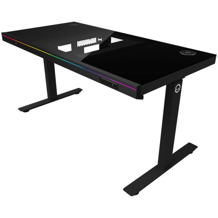 Dual-motor sit/stand adjustable-height gaming desk with built-in PC case, wireless charger, RGB lighting, control panel, and USB ports, tempered glass tabletop, black. [2]
