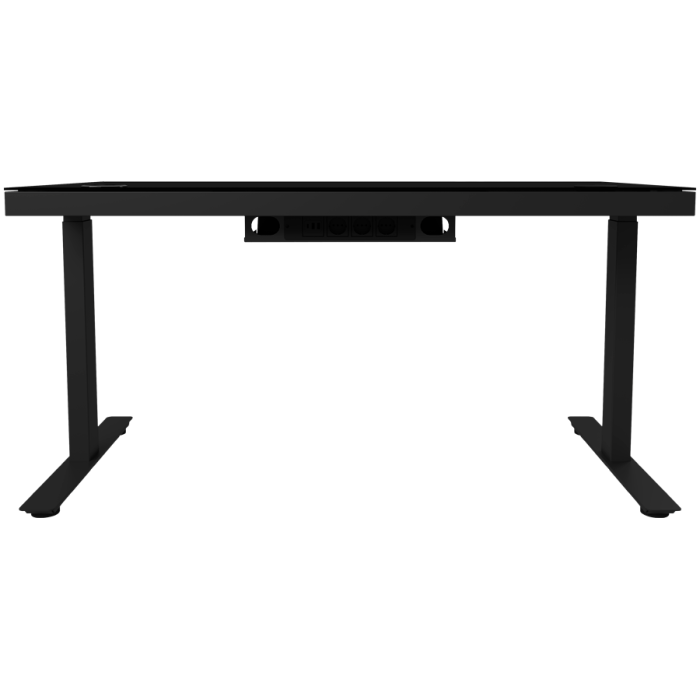 Dual-motor sit/stand adjustable-height gaming desk with wireless charger, RGB lighting, control panel, and USB ports, solid tempered glass tabletop, black. [6]