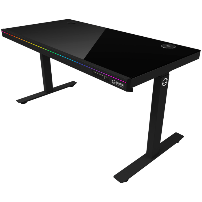 Dual-motor sit/stand adjustable-height gaming desk with wireless charger, RGB lighting, control panel, and USB ports, solid tempered glass tabletop, black. [2]