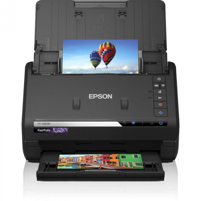 Scanner Epson FASTFOTO FF-680W, dimensiune A4, tip sheetfed, viteza scanare: 46ppm alb-negru si color, rezolutie optica 6400x9600dpi, senzor CIS, Duplex, software : Epson ScanSmart,  Formate iesire: JPEG, TIFF, PDF, searchable PDF, PDF/A, interfata: USB 3.0, Wireless LAN IEEE 802.11b/g/n (WiFi 4), [3]