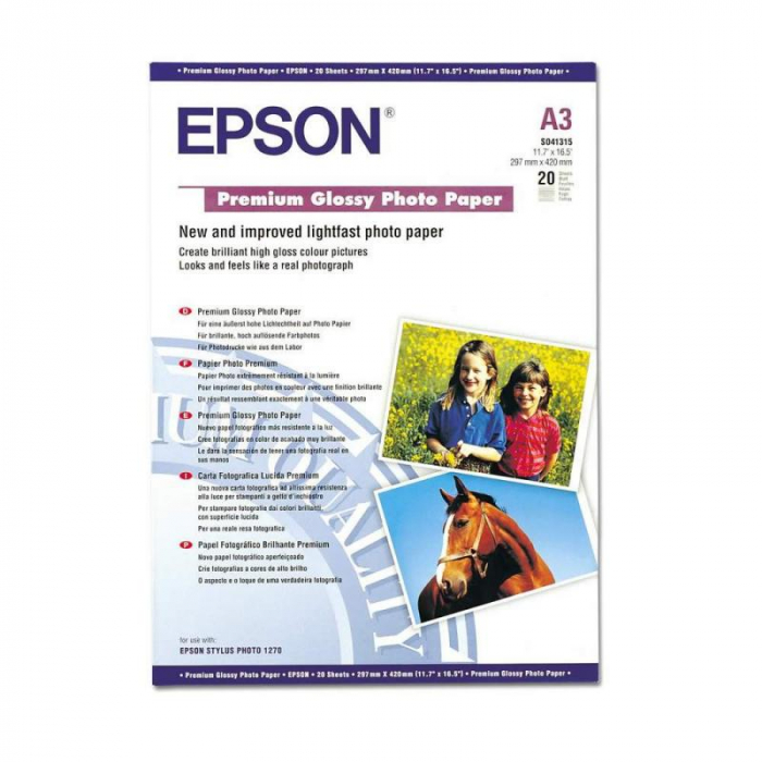 Hartie foto Epson S041316, dimensiune A3+, 20 coli, tip glossy, greutate 250g/m2. [1]
