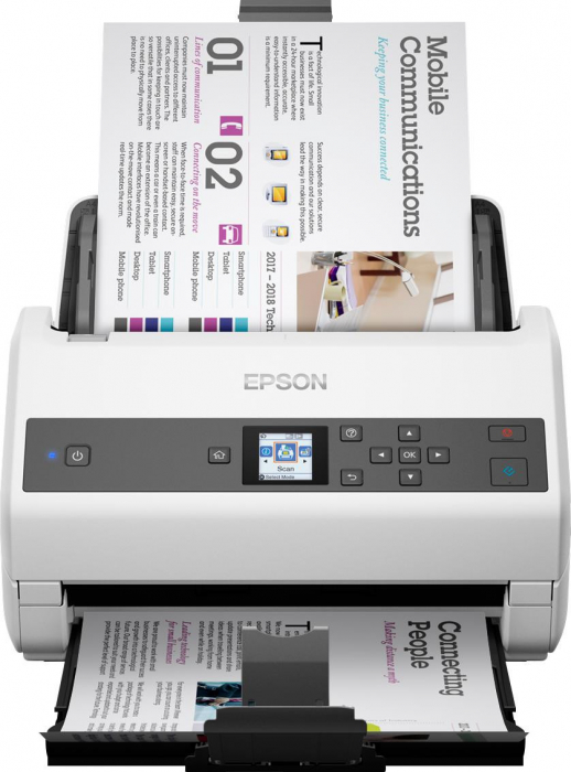 Scanner Epson WorkForce DS-970, dimensiune A4, tip sheetfed, viteza scanare: 85 ppm mono si color, ADF 100 coli, rezolutie optica 600 X 600dpi, duplex, senzor CIS, tehnologie LED, Scanare catre BMP, JPEG, TIFF, multi-TIFF, PDF, searchable PDF, PDF/A, PNG, Software inclus: Document Capture Pro 2.0, [2]