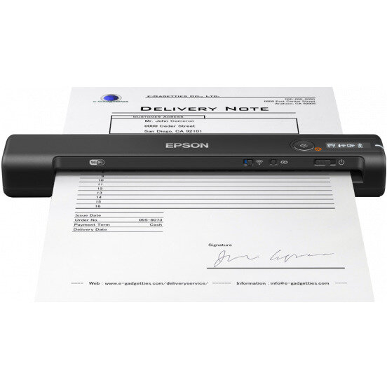 Scanner mbil Epson WorkForce ES-60W, dimensiune A4, viteza scanare:4 ppm mono si color, rezolutie optica 600 DPI x 600 DPI, senzor CIS, tehnologie ReadyScan LED, Scanare catre JPEG, PDF, Scanare către PDFcăutabil, PDF/A, Software inclus: Epson Scan 2, Volum scanare: 300/zi, interfata: Wi-Fi Direct [2]