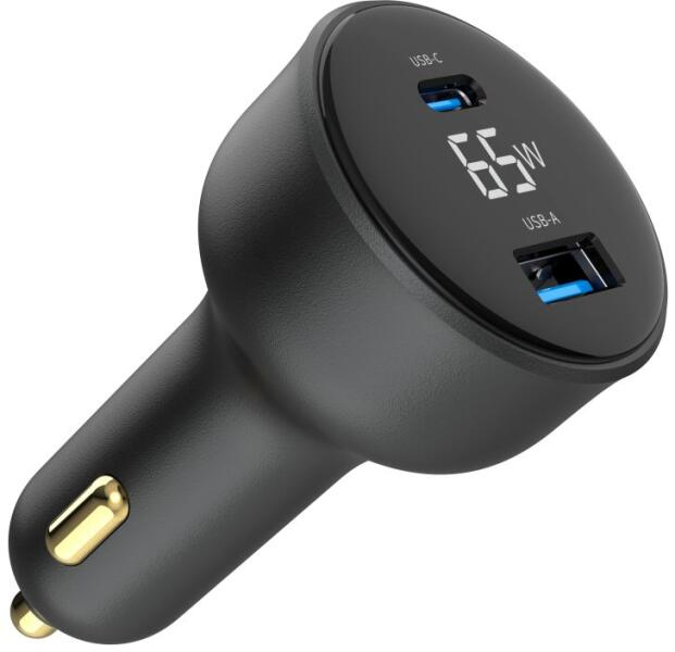 Încărcător auto rapid Gembird TA-UC-AC2PD65LCD-CAR-01, 2 porturi USB-C, 65W, Afișaj LCD, Negru [1]