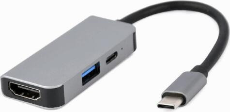Adaptor Multi-Port Gembird A-CM-COMBO3-02, USB Type-C 3-în-1, HDMI, USB, PD, Argintiu (A-CM-COMBO3-02) [1]