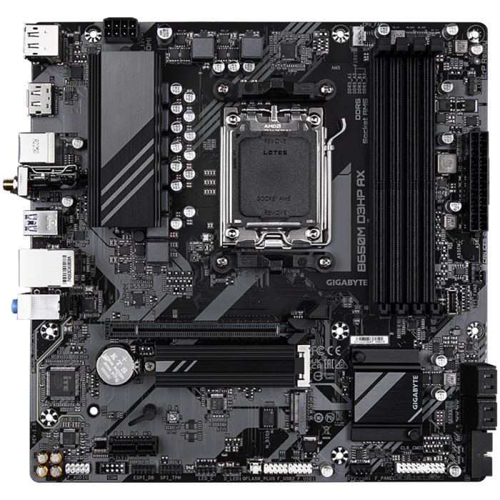 GIGABYTE Mainboard Desktop B650M D3HP AX (AM5, 4xDDR5, 1xHDMI, 2xDP, 2.5GbE LAN, Wi-Fi 6E 802.11ax, mATX, Retail) [2]