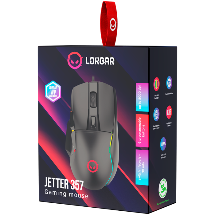 LORGAR Jetter 357, gaming mouse, Optical Gaming Mouse with 6 programmable buttons, Pixart ATG4090 sensor, DPI can be up to 8000, 30 million times key life, 1.8m PVC USB cable, Matt UV coating and RGB  [7]
