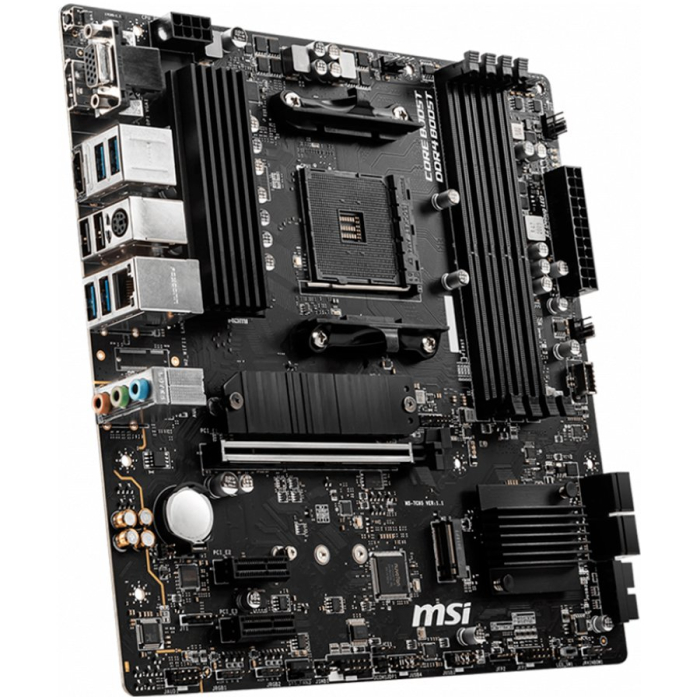 MSI B550M PRO-VDH,m-ATX,Socket AM4,AMD B550 Chipset,4 DIMMs,Dual Channel DDR4 up to 4400+(OC)MHz,1x PCIe 4.0/3.0 x16 slot,2x M.2 slots,4x USB 3.2 Gen 1,2x USB 2.0,1x HDMI,1x DP,1x VGA,1G LAN,7.1 Audio [2]