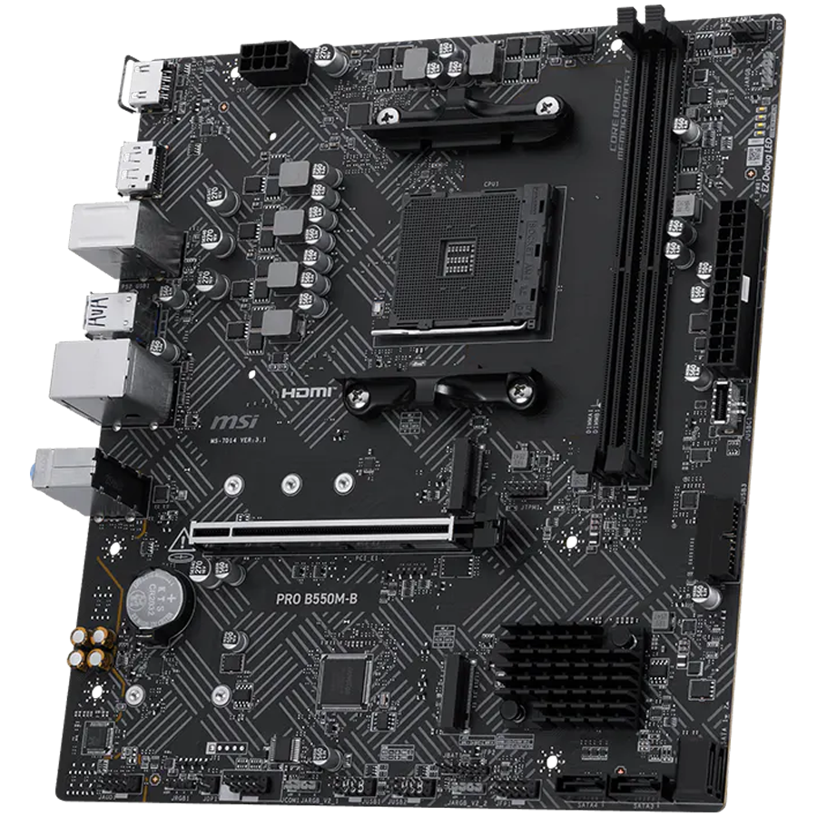 MSI PRO B550M-B, M-ATX, Socket AM4, 2 DIMM, Dual Channel DDR4 up to 4600+(OC)MHz, 1x PCIe 4.0 x16 slot, 2x M.2 slots, 4x USB 3.2 Gen 1, 2x USB 2.0, 1x HDMI,1x DP, 1G LAN, 7.1 Audio, 3Y [3]