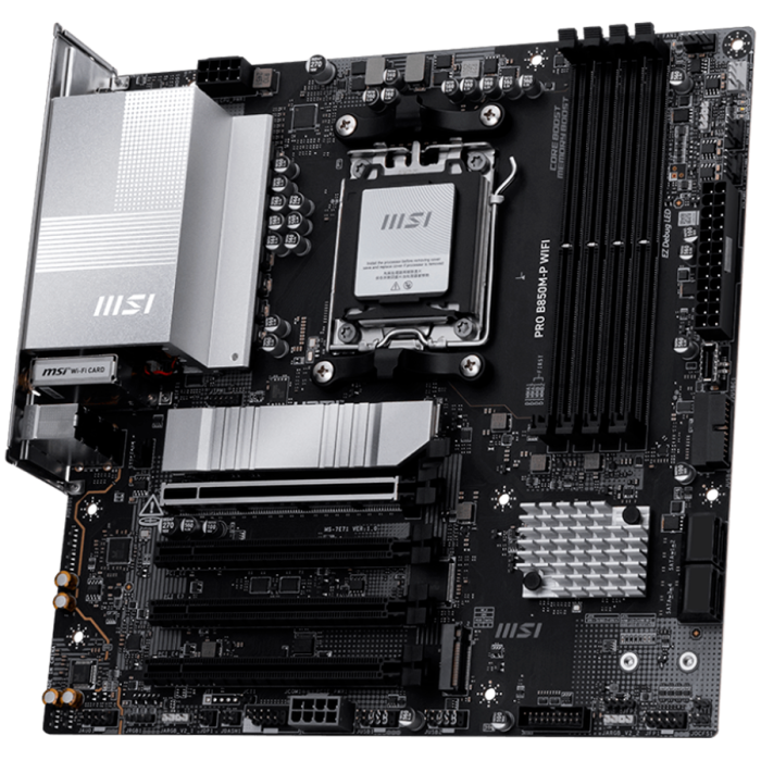 MSI PRO B850M-P WIFI, mATX, Socket AM5, 4x DDR5 Dual Channel DDR5 up to 8200(OC)MHz, 4x PCIe x16 slot, 3x M.2 slot, 4x USB 2.0, 2x USB 5Gbps, 1x USB 10Gbps, 1x USB 10Gbps Type-C, DP, 7.1 HD Audio, 5G  [3]