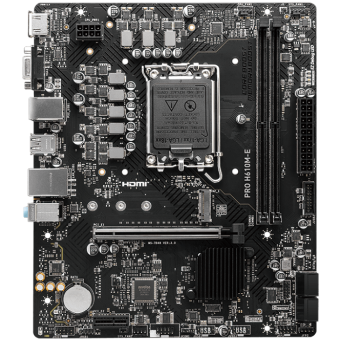 MSI PRO H610M-E, mATX, LGA 1700, Dual Channel DDR5 5600+MHz, 1x PCIe x16 slot, 1x M.2 slot, 1x HDMI, 1x VGA, 2x USB 3.2 Gen 1, 4x USB 2.0, 7.1 HD Audio, Realtek ALC897 Codec, 3Y [2]