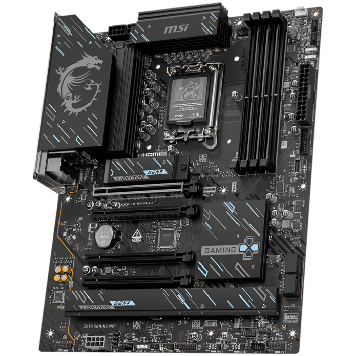 MSI Z890 GAMING WIFI, LGA 1851, Dual Channel DDR5 up to 8800(OC)MHz, 4x PCIe x16 slots, 3x M.2 slots, 6x USB 5Gbps A, 1x USB 20Gbps Type-C, 1x HDMI, 1x Type-C DP, 1x DP, 2.5Gbps LAN, Wi-Fi 7, 7.1 Audi [4]