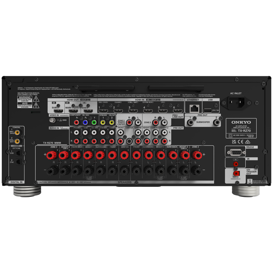 Onkyo TX-RZ70 11.2 -Channel AV Receiver, 210 W/Ch / 6 ohms, Dirac Live, THX® Certified, DTS:X, 8K/4K Ultra HD, Works with Sonos, Black [3]