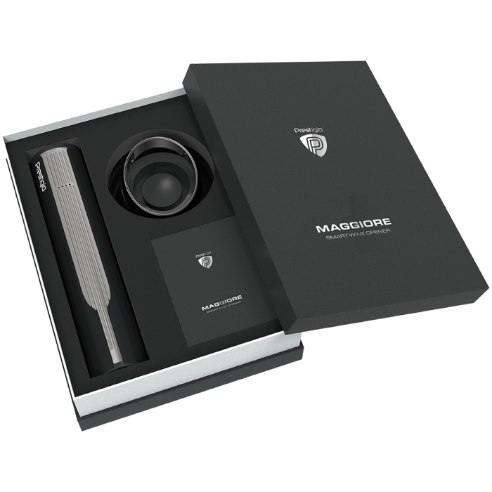 Prestigio Maggiore, smart wine opener, 100% automatic, opens up to 70 bottles without recharging, foil cutter included, premium design, 480mAh battery, Dimensions D 48*H228mm, black + silver color. [21]