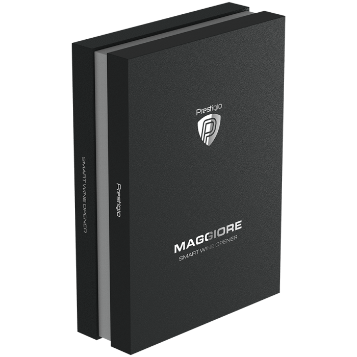 Prestigio Maggiore, smart wine opener, 100% automatic, opens up to 70 bottles without recharging, foil cutter included, premium design, 480mAh battery, Dimensions D 48*H228mm, black + silver color. [17]