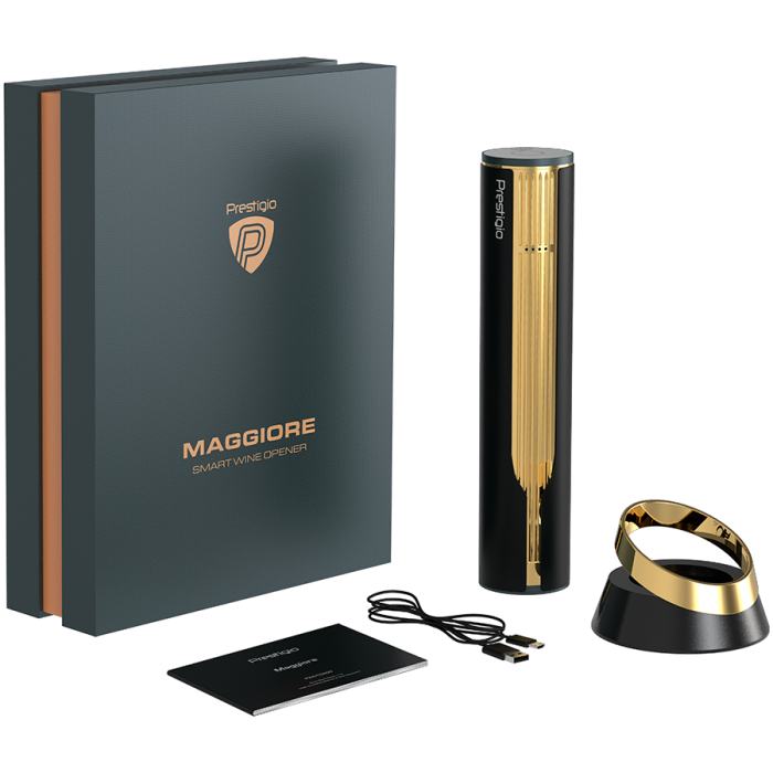 Prestigio Maggiore, smart wine opener, 100% automatic, opens up to 70 bottles without recharging, foil cutter included, premium design, 480mAh battery, Dimensions D 48*H228mm, black + gold color. [13]