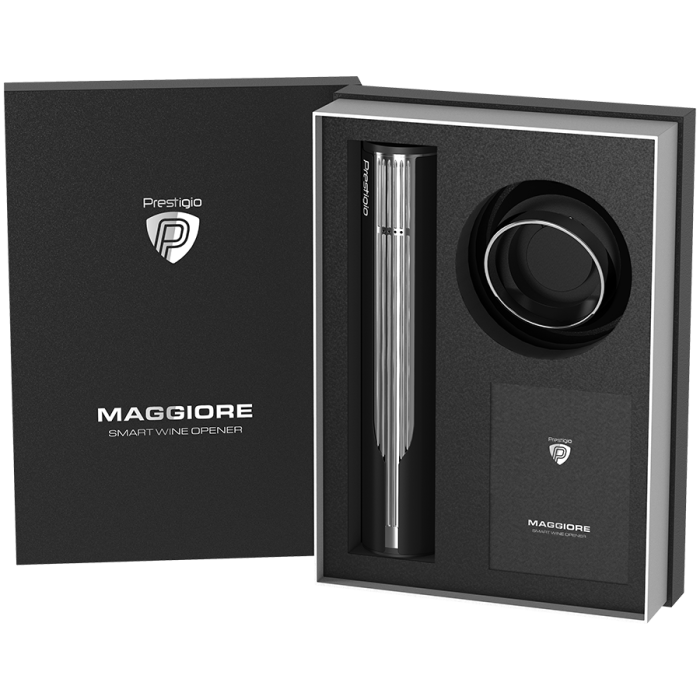 Prestigio Maggiore, smart wine opener, 100% automatic, opens up to 70 bottles without recharging, foil cutter included, premium design, 480mAh battery, Dimensions D 48*H228mm, black + silver color. [19]