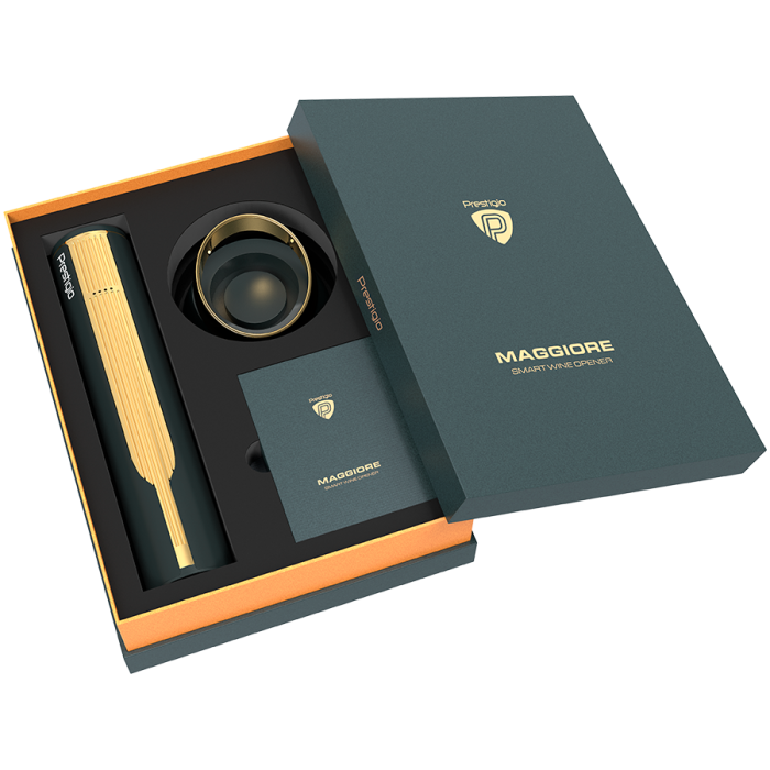 Prestigio Maggiore, smart wine opener, 100% automatic, opens up to 70 bottles without recharging, foil cutter included, premium design, 480mAh battery, Dimensions D 48*H228mm, black + gold color. [14]