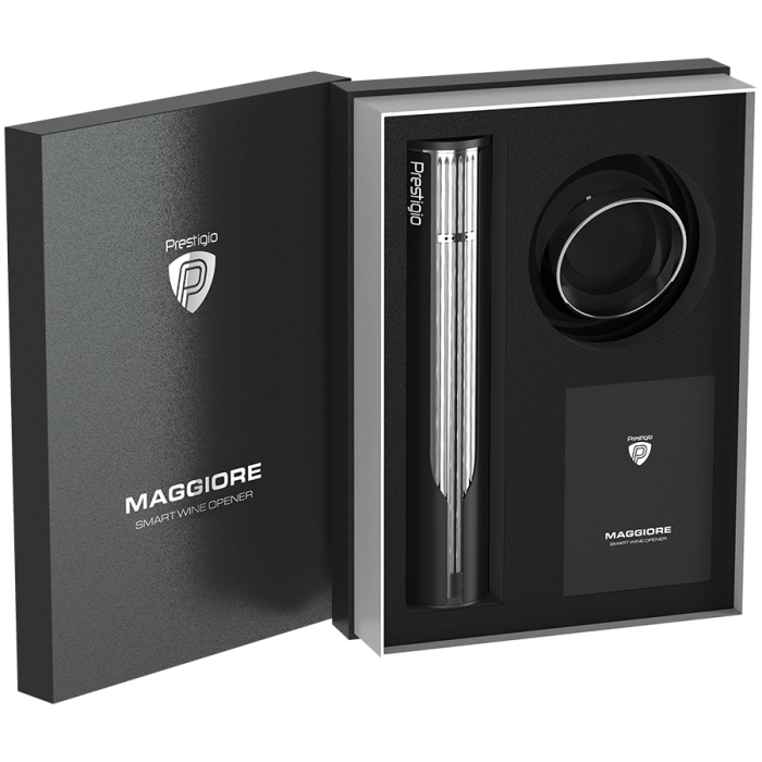 Prestigio Maggiore, smart wine opener, 100% automatic, opens up to 70 bottles without recharging, foil cutter included, premium design, 480mAh battery, Dimensions D 48*H228mm, black + silver color. [20]