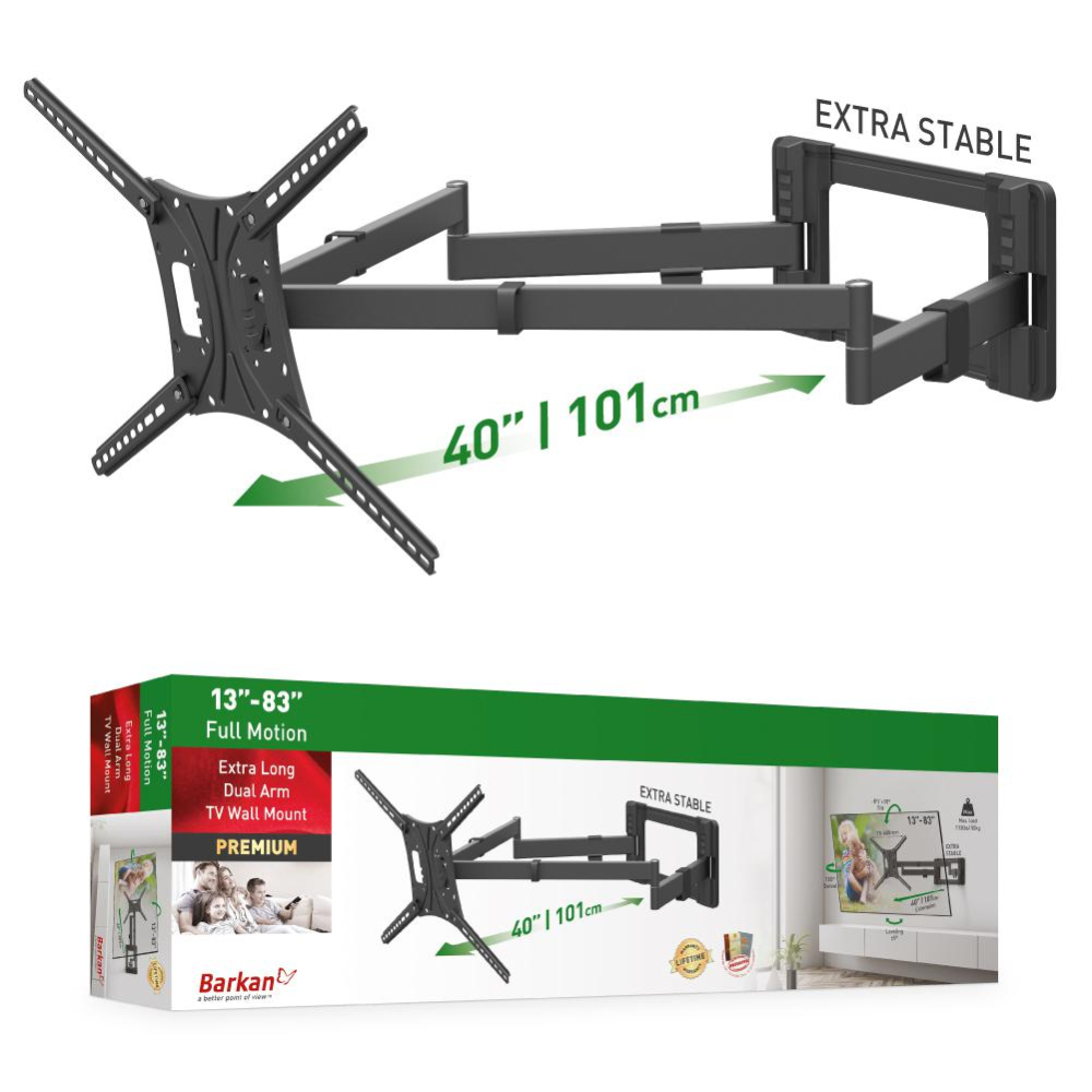 Suport TV plat/curbat de perete cu 2 brate Barkan BM464XL, 13"- 83", Max 50kg, VESA 600x400, negru [6]