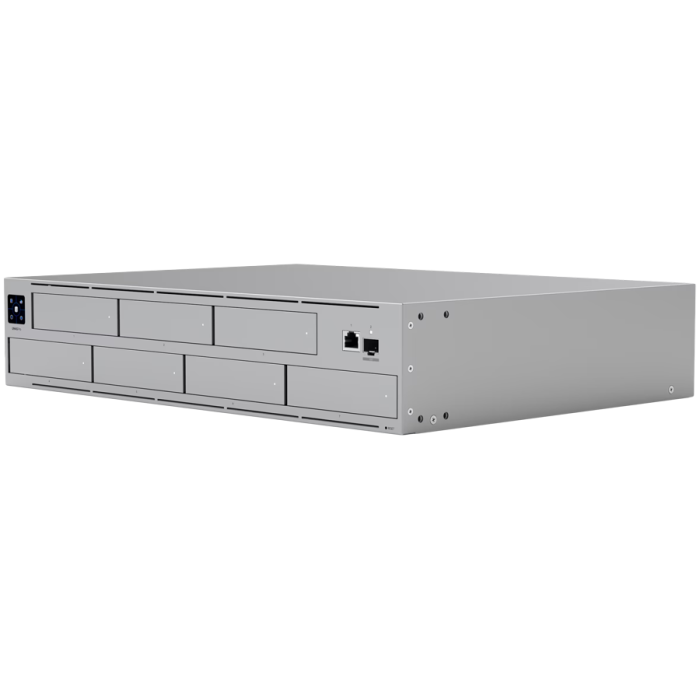 Ubiquiti UNAS-Pro-8-EU 2U rack-mount NAS with (8) 2.5/3.5" HDD bays and (2) M.2 NVMe SSD cache slots, delivering faster access, lower latency, and high-availability 10 Gbps networking for large-scale  [2]