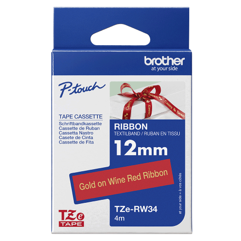 Consumabile pt print termic - Casetă cu bandă decorativă originală Brother TZe-RW34 – auriu pe roșu bordeaux de 12 mm lățime