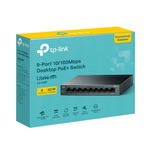 "9-Port 10/100 Mbps Desktop Switch with 8-Port PoE+ PORT: 8× 10/100 Mbps PoE+ Ports, 1× 10/100 Mbps Non-PoE Port SPEC: 802.3at/af, 63 W PoE Power, Desktop Steel Case FEATURE: Extend Mode for 250m PoE  [1]