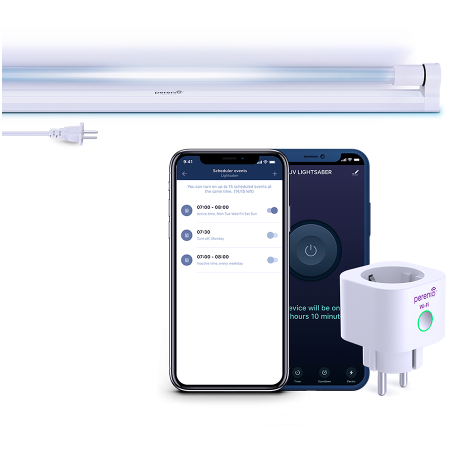 AGD - A kit consisting of PEHPL10 Smart Power Plug and PELUV01 UV lamp. Used to desinfect working and residential premises with remote control from Perenio Lite application