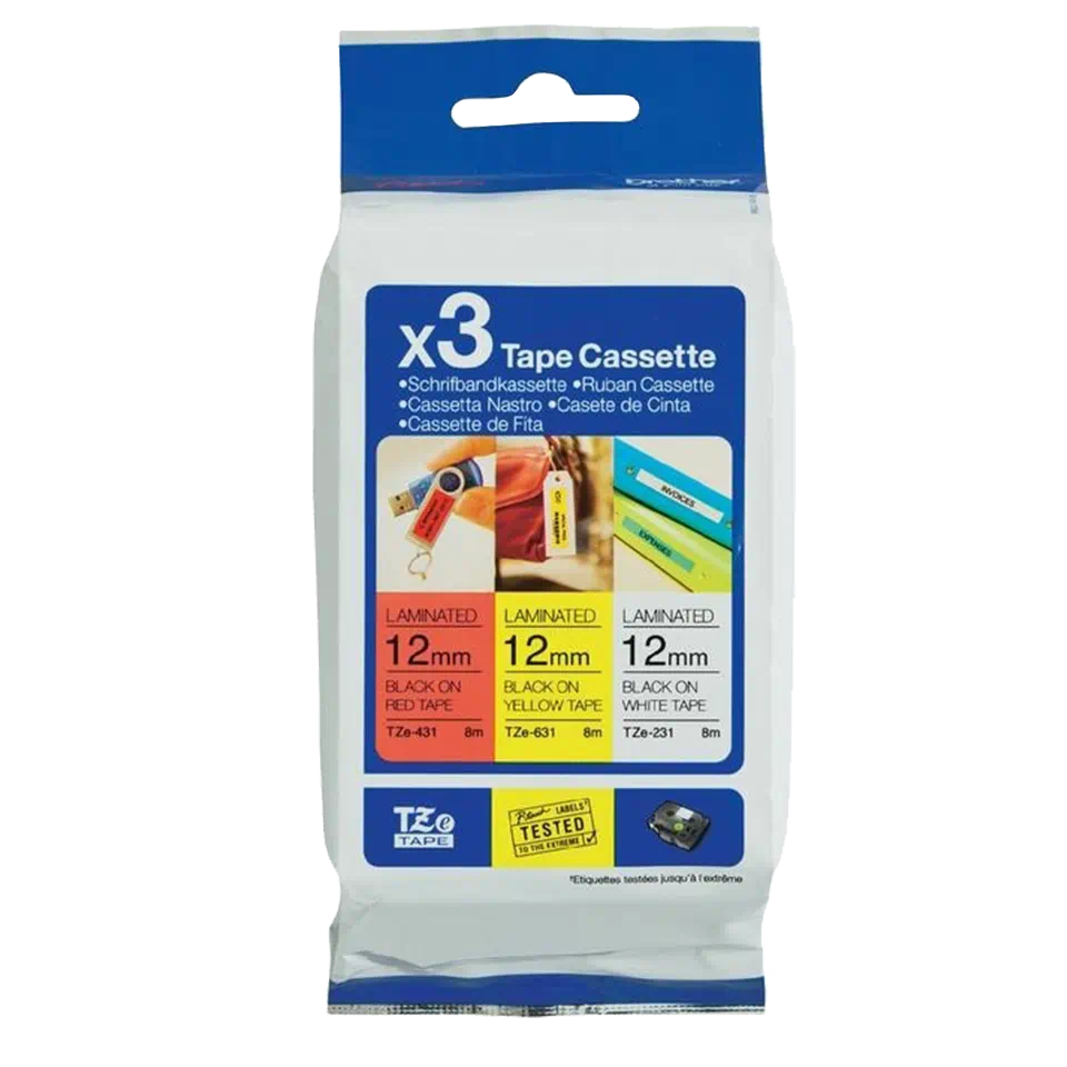 Banda de etichete originale Brother TZe-31M3 - negru pe roșu, alb, galben 12mm [1]
