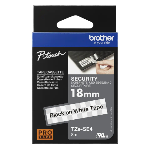 Banda De Securitate Brother TZeSE4, Laminată, Negru pe Alb, 18mm/8m [1]