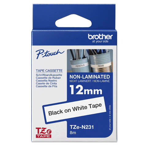 Banda Etichete Brother TZeN231, Laminată, Negru pe Alb, 12mm/8m [1]