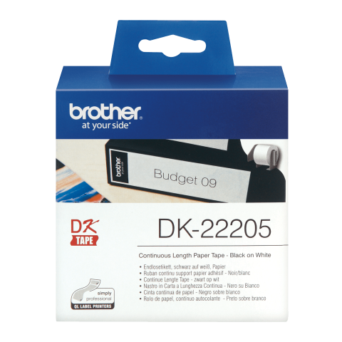 Rolă de etichete originală Brother DK-22205 de lungime continuă – negru pe alb, 62mm lățime [1]