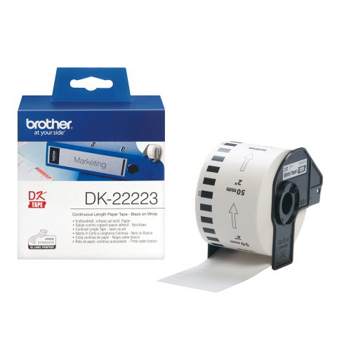 Rolă de etichete continuă originală Brother DK-22223 – negru pe alb, lățime de 50mm [1]