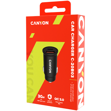 CANYON C-20B03, PD 30W/QC3.0 18W Pocket size car charger with 1-USB A+ 1-USB-C Input: DC12V-24V, Output: USBC: PD30W( 5V3A/9V3A/12V2.5A/15V2A/20V1.5A),USB-A:QC3.0 18W (5V3A [2]