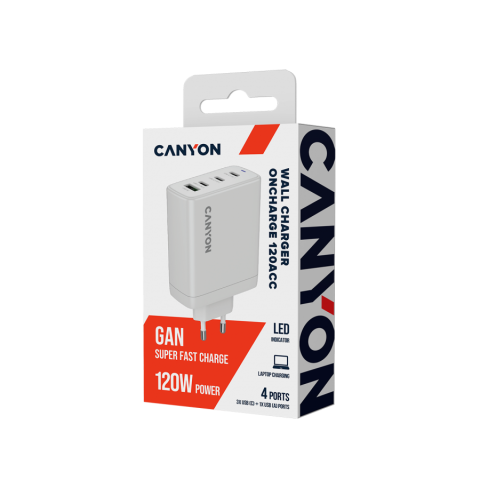 CANYON charger OnCharge 120 GAN Total 120W MAX 3 USB-C +1 USB-A White EU plug [6]