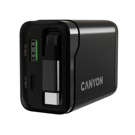 CANYON charger OnCharge 65RC Build-In Cable USB-C 65W 1xPD 1xQC EU Black [7]
