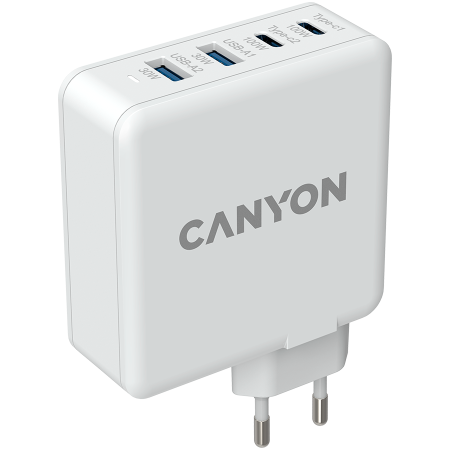 CANYON H-100, GAN 100W charger Input:100V-240V Output: USB-C1/C2: 5V 3A, 9V 3A, 12V 3A, 15V 3A, 20V 5A USB-A 1/A2, 4.5V/5A, 5V/4.5A, 9V/3A, 12V/2.5A, 20V/1.5A C1+C2, 65W + 30W, C1+A1, 65W + 30W, C1+A2 [1]