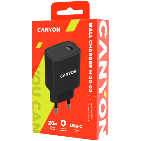 CANYON H-20, PD 20W Input: 100V-240V, Output: 1 port charge: USB-C:PD 20W (5V3A/9V2.22A/12V1.67A) , Eu plug, Over- Voltage , over-heated, over-current and short circuit protection Compliant with CE Ro [2]