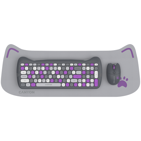 Periferice & Accesorii - CANYON HSET-W6 EN Keyboard+Mouse Kitty Edition AAA+АА Wireless Violet