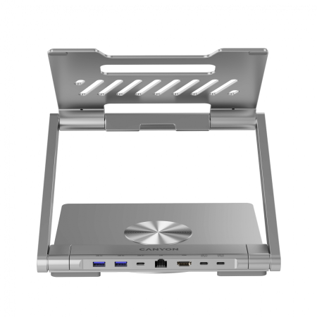 Canyon Laptop stands with hub, TYPE C F to HDMI2.0+2USB3.0+USBC3.0+RJ45+PD, TYEP C TO C cable 1m white with Emarker: HUSB332A, Material: Aluminum case+ABS+PS, Size: 245x240x27.2+/-0.3mm, Weight:1304g [9]