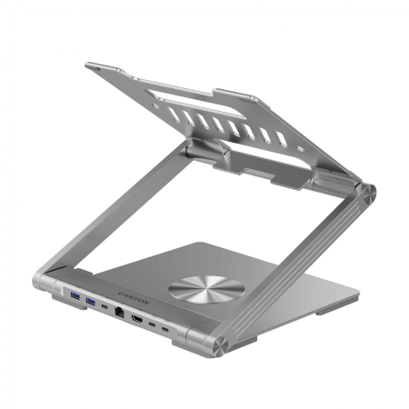 Canyon Laptop stands with hub, TYPE C F to HDMI2.0+2USB3.0+USBC3.0+RJ45+PD, TYEP C TO C cable 1m white with Emarker: HUSB332A, Material: Aluminum case+ABS+PS, Size: 245x240x27.2+/-0.3mm, Weight:1304g [8]
