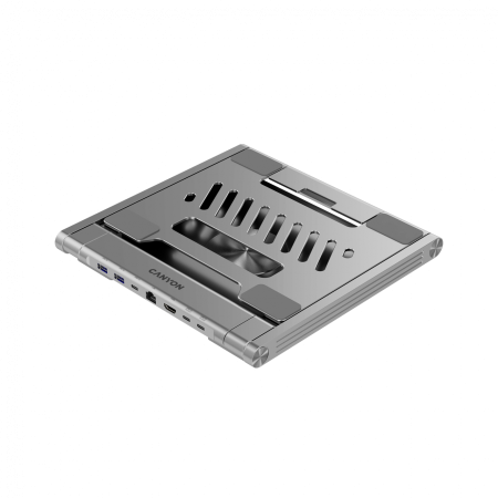 Canyon Laptop stands with hub, TYPE C F to HDMI2.0+2USB3.0+USBC3.0+RJ45+PD, TYEP C TO C cable 1m white with Emarker: HUSB332A, Material: Aluminum case+ABS+PS, Size: 245x240x27.2+/-0.3mm, Weight:1304g [11]