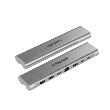 Canyon Laptop stands with hub, TYPE C F to HDMI2.0+2USB3.0+USBC3.0+RJ45+PD, TYEP C TO C cable 1m white with Emarker: HUSB332A, Material: Aluminum case+ABS+PS, Size: 245x240x27.2+/-0.3mm, Weight:1304g [14]
