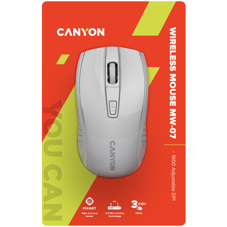 CANYON MW-7, 2.4Ghz wireless mouse, 6 buttons, DPI 800/1200/1600, with 1 AA battery ,size 110*60*37mm,58g,white [5]
