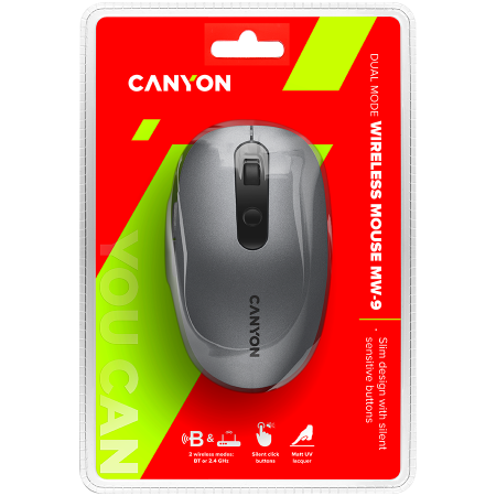 CANYON MW-9, 2 in 1 Wireless optical mouse with 6 buttons, DPI 800/1000/1200/1500, 2 mode(BT/ 2.4GHz), Battery AA*1pcs, Grey, 65.4*112.25*32.3mm, 0.092kg [4]